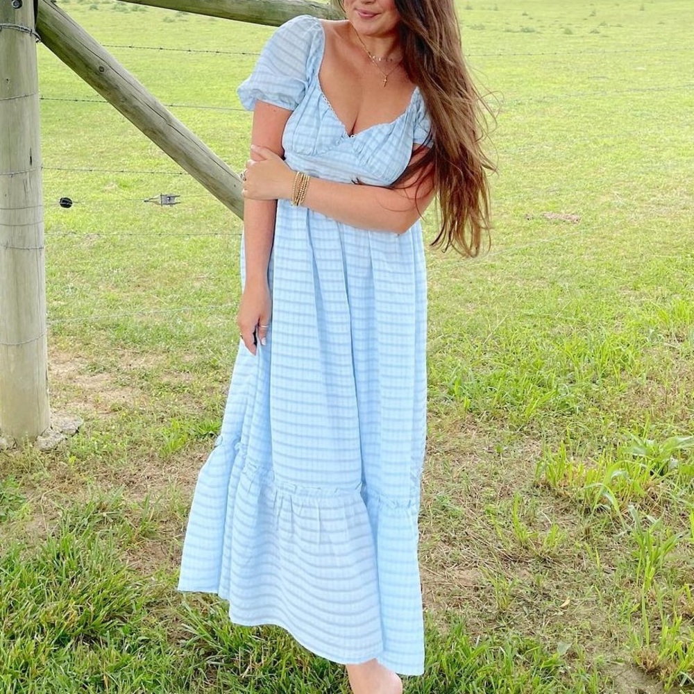 NWT Women's Blue Tiered Ruffle Plaid Midi Maxi Long Dress Size M BOHO Prep- OBO